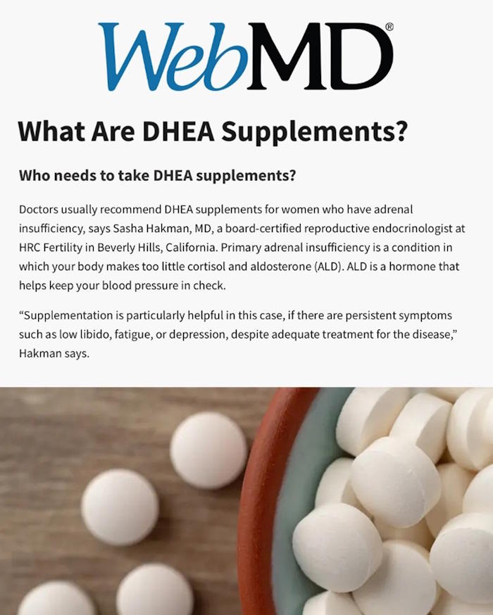 Dr. Sasha Hakman featured in WebMd discussing DHEA and Fertility