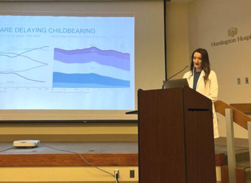Dr. Natalia Llarena speaks at Huntington Hospital on the subject of age-related infertility.