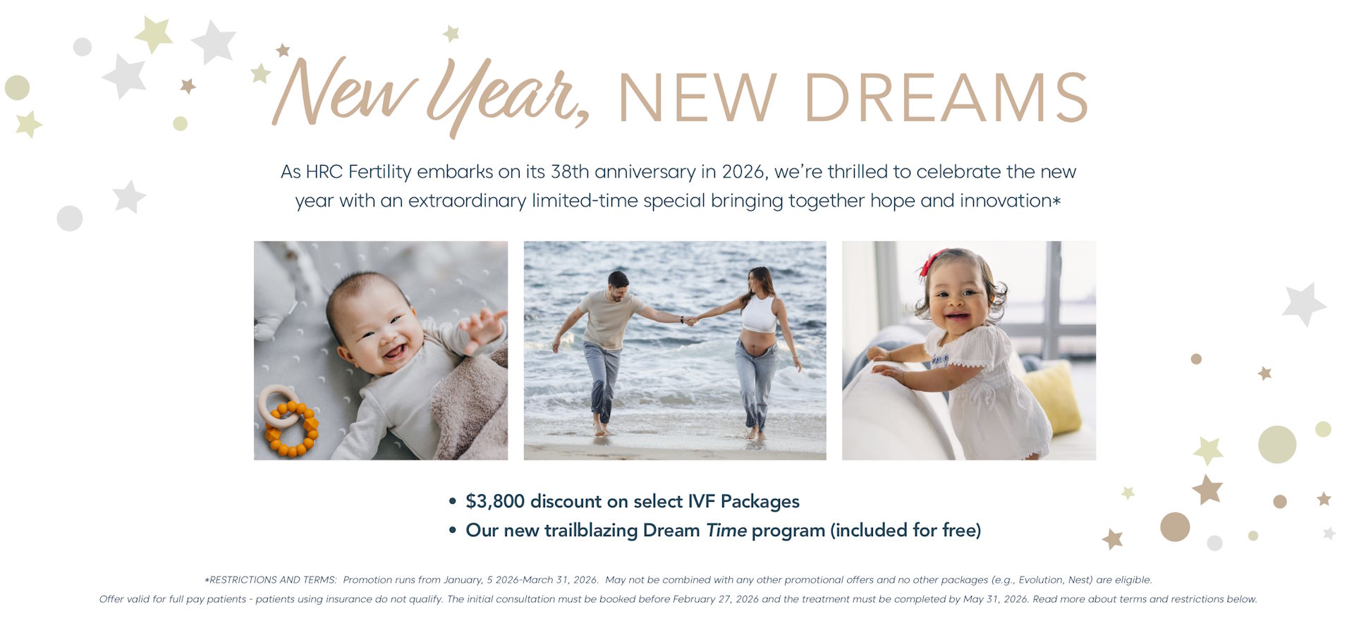 2026 HRC Fertility new year's promotion featuring up to $3800 off services.